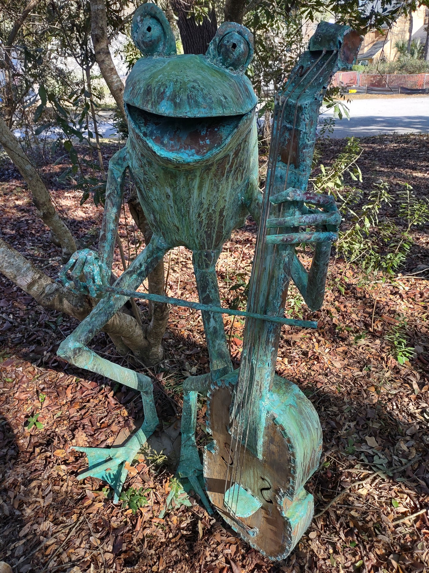 Cello Frog adult human-sized copper frog sculpture