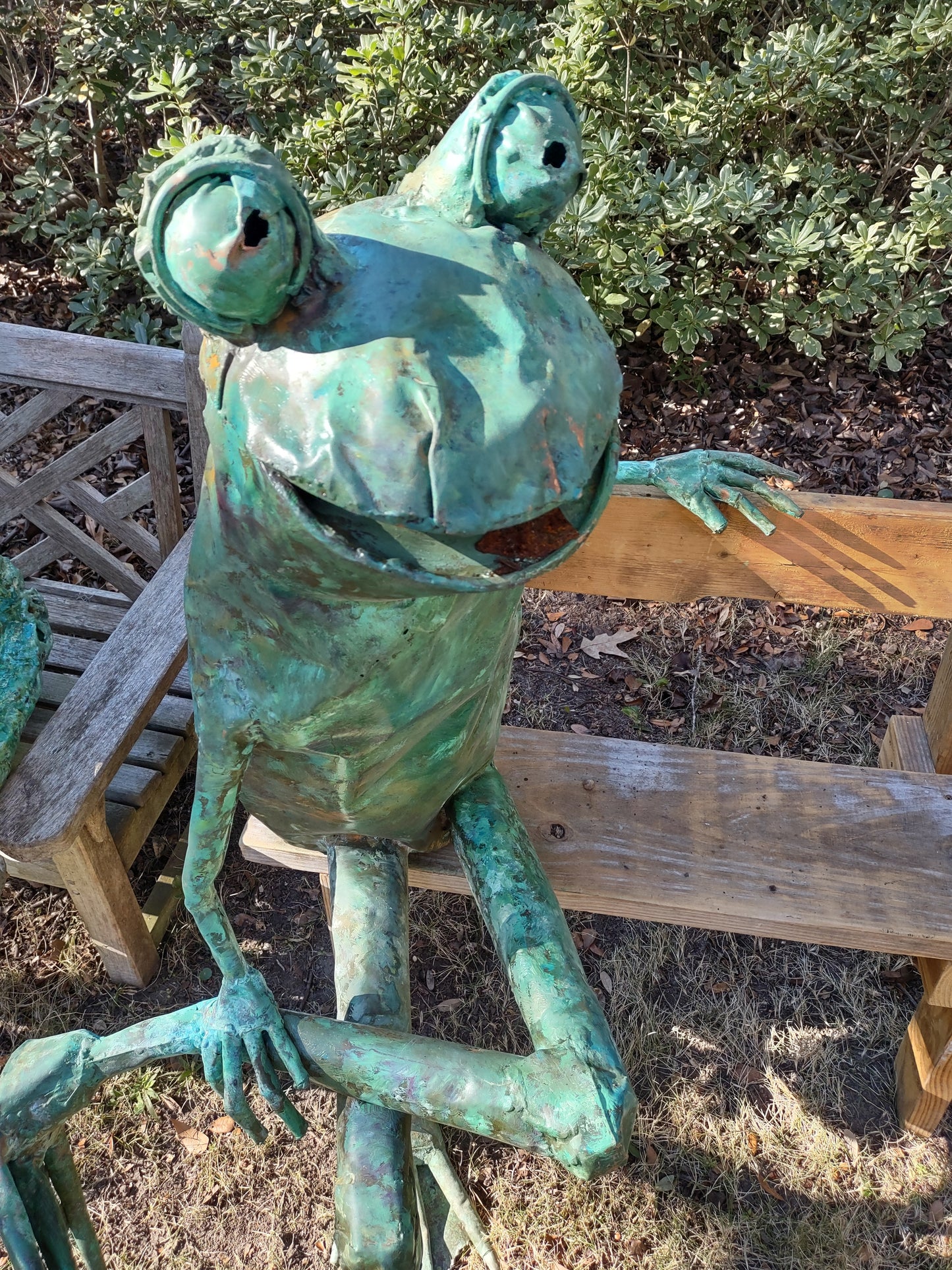 Adult human-sized Bench Frog Sculpture by Beau Smith