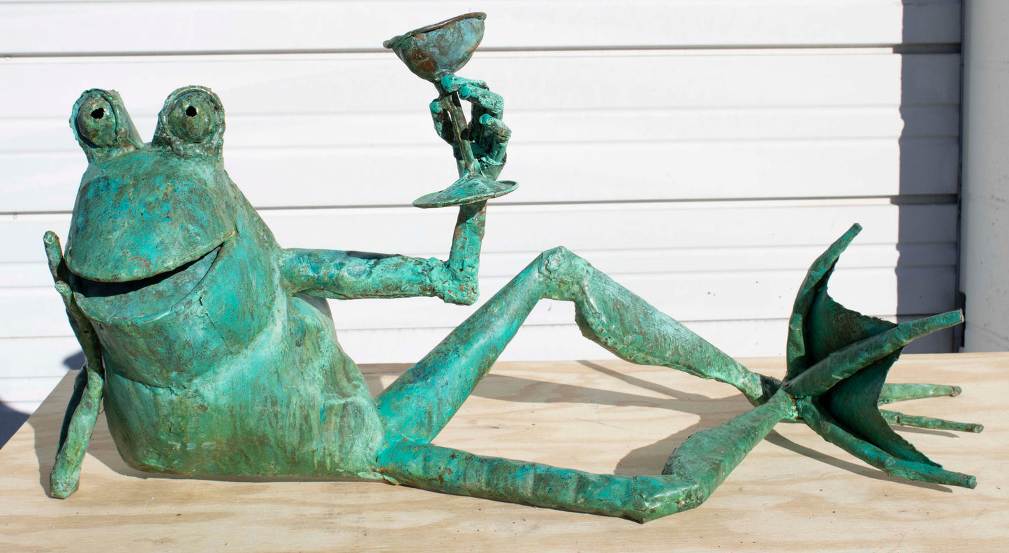 Medium sized Toasting copper Frog sculpture by Beau Smith