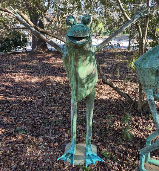 Standing Hurrah Frog adult human-sized sculpture by Beau smith