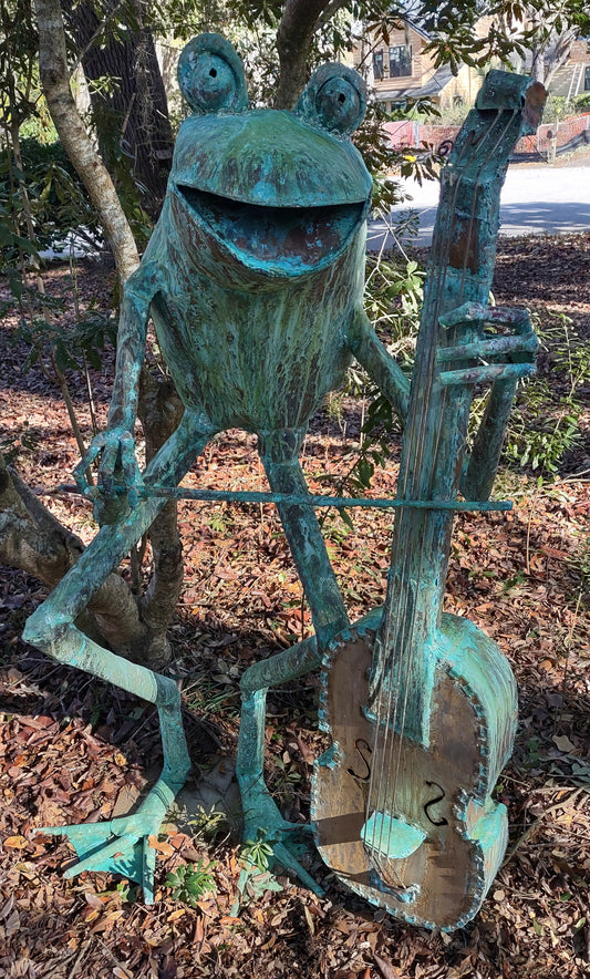 Cello Frog adult human-sized copper frog sculpture