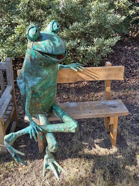 Adult human-sized Bench Frog Sculpture by Beau Smith