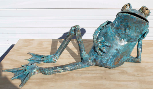 Medium-sized copper reclining Frog sculpture by Beau Smith