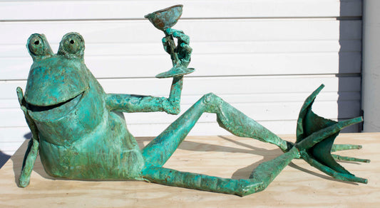 Medium sized Toasting copper Frog sculpture by Beau Smith