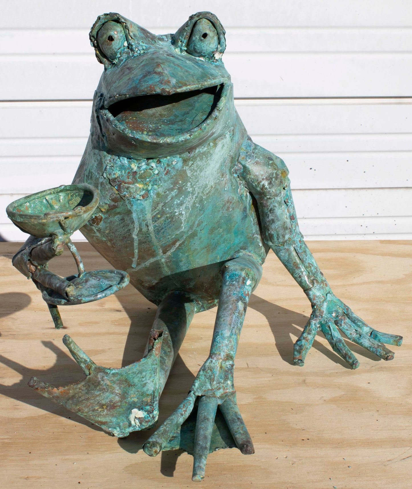Small half reclining copper Toasting Frog sculpture by Beau Smith