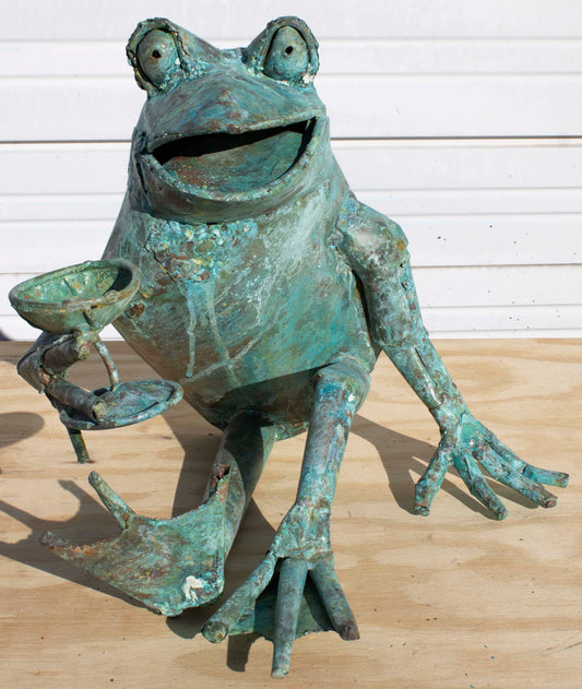 Small half reclining copper Toasting Frog sculpture by Beau Smith