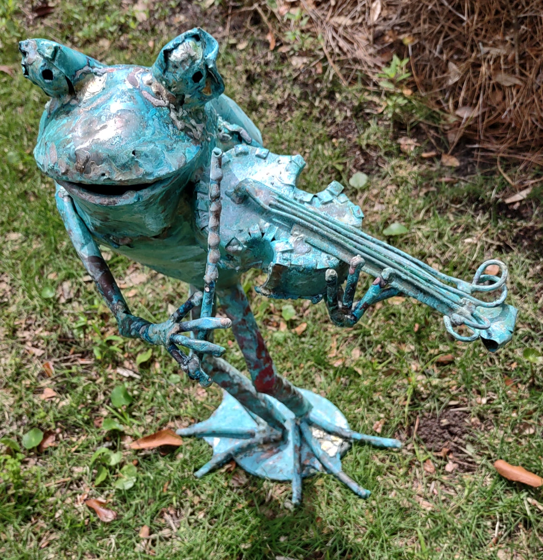 Violin fiddle frog standing frog sculpture of copper, bronze and stainless steel.