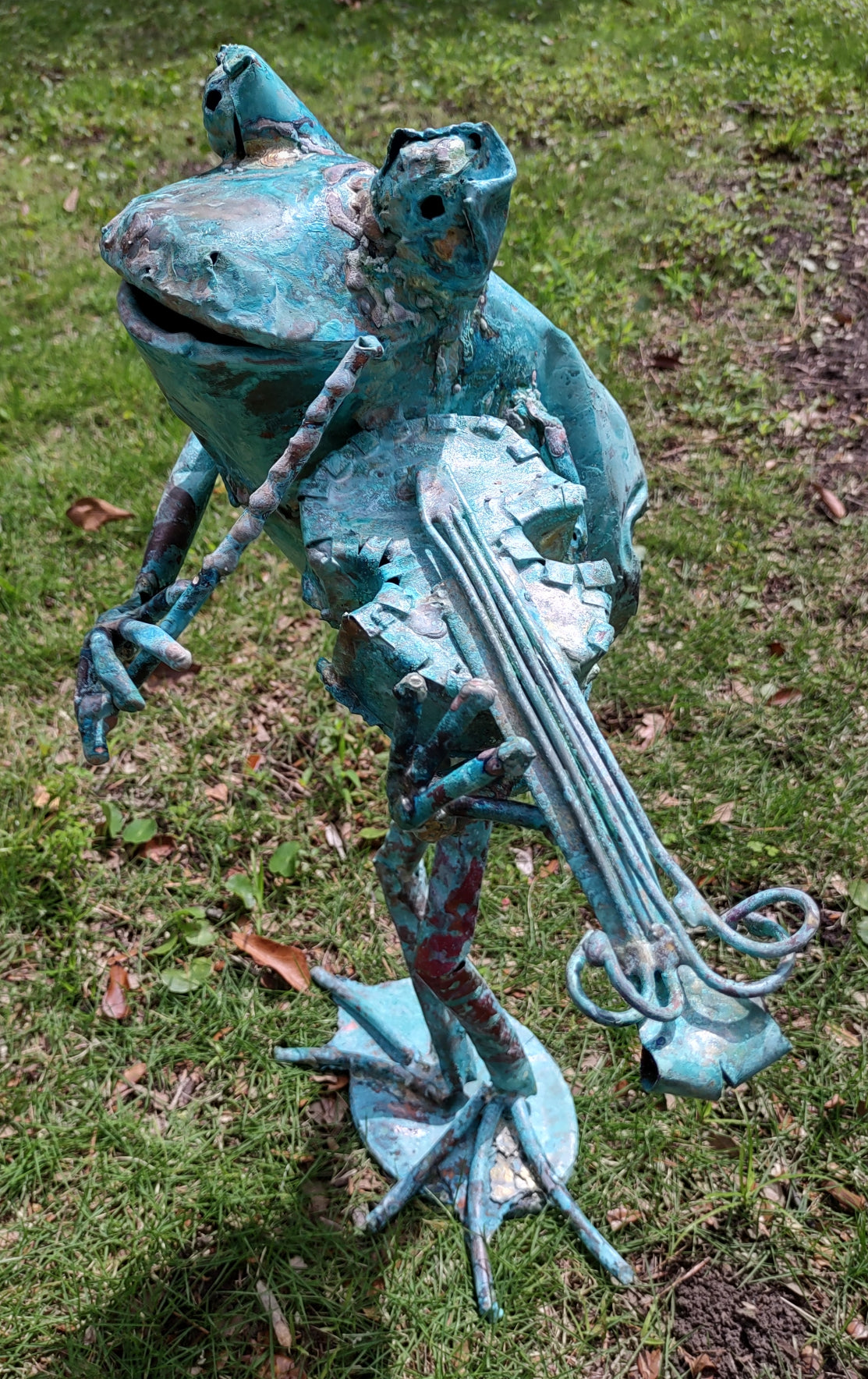 Violin fiddle frog standing frog sculpture of copper, bronze and stainless steel.