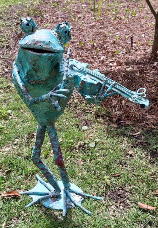 Violin fiddle frog standing frog sculpture of copper, bronze and stainless steel.