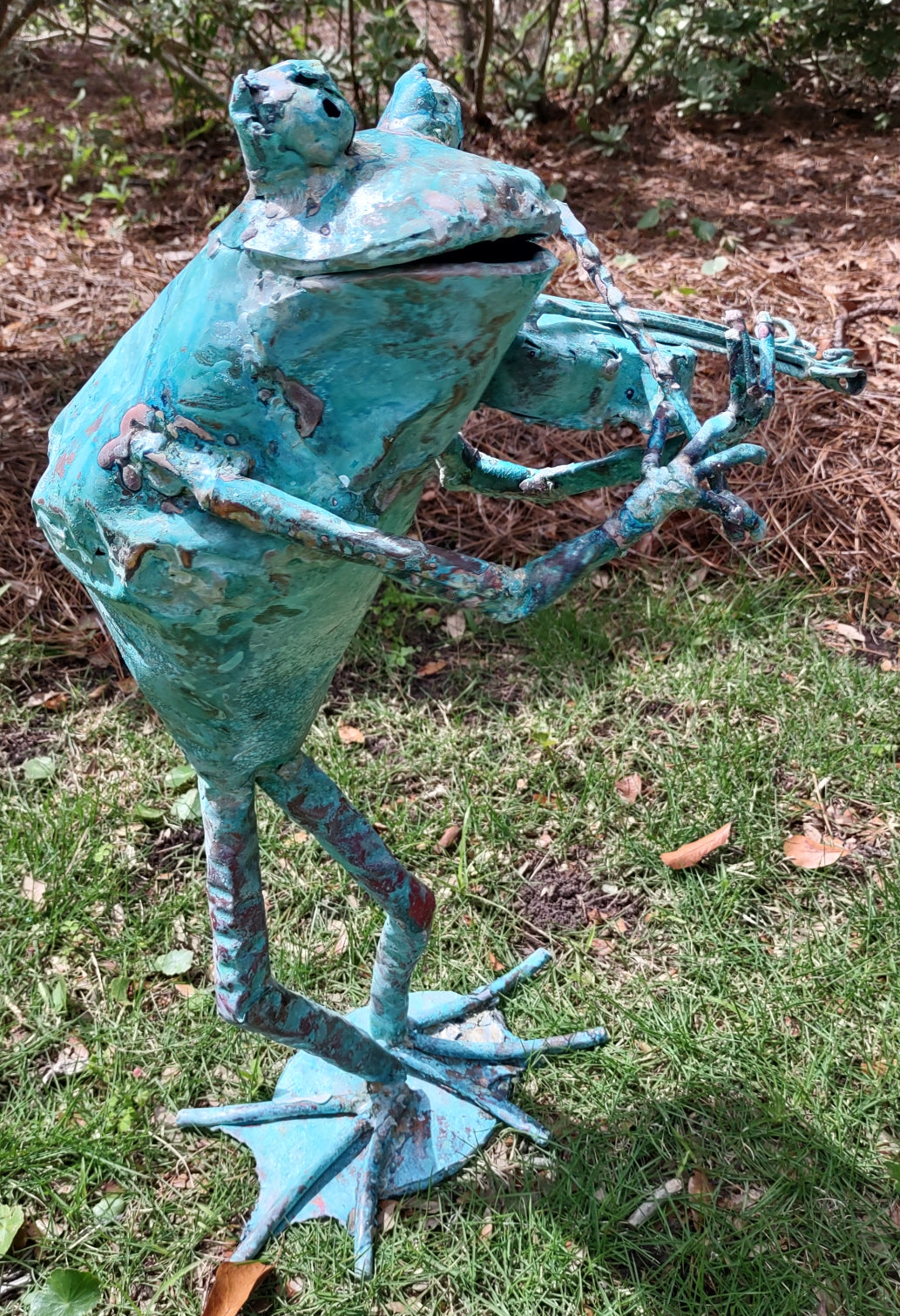 Violin fiddle frog standing frog sculpture of copper, bronze and stainless steel.